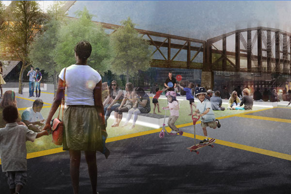 Rendering of proposed plaza at 11th Street, part of Strip District Riverfront Park. Image by Sasaki Associates.