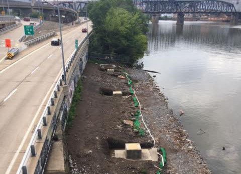Concrete pours for the four piers on the upriver side of the Smithfield Street Bridge are almost complete. The next step is preparing for micro piles.