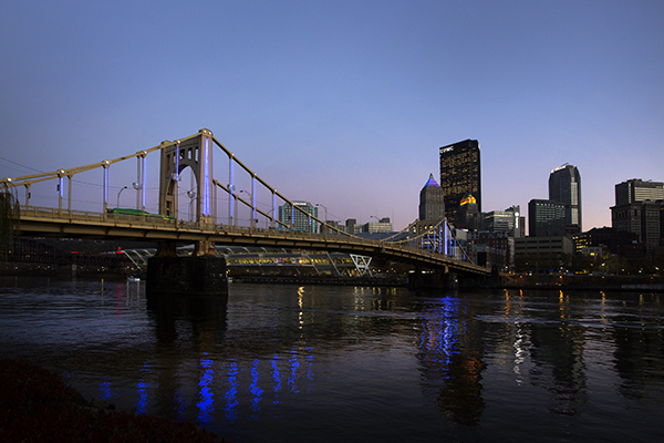 Energy Flow becomes visible as the sun sets in downtown Pittsburgh.