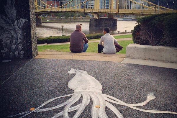 Pittsburgh riverfront park: Mosaic of a squid at Allegheny Landing