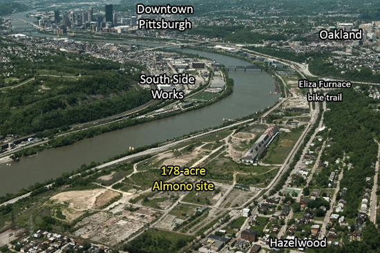 Map of the Almono site shows neighboring communities and amenities. Pittsburgh riverfront development