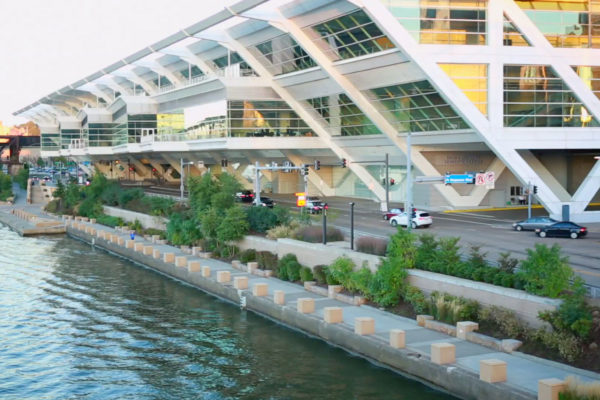 View of the completed Convention Center Riverfront Plaza and trail connection.