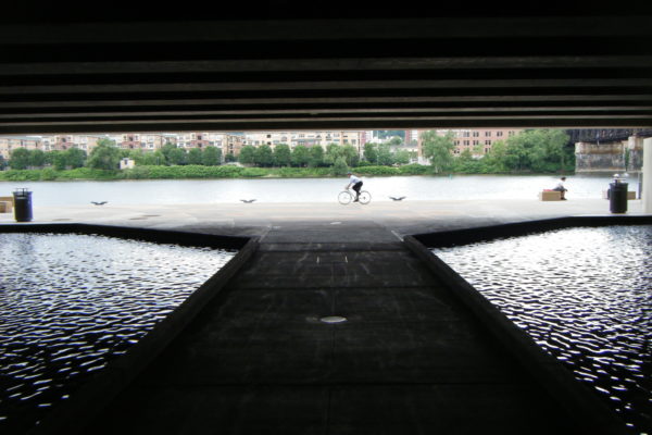 View of the Allegheny River from the water feature under the Convention Center