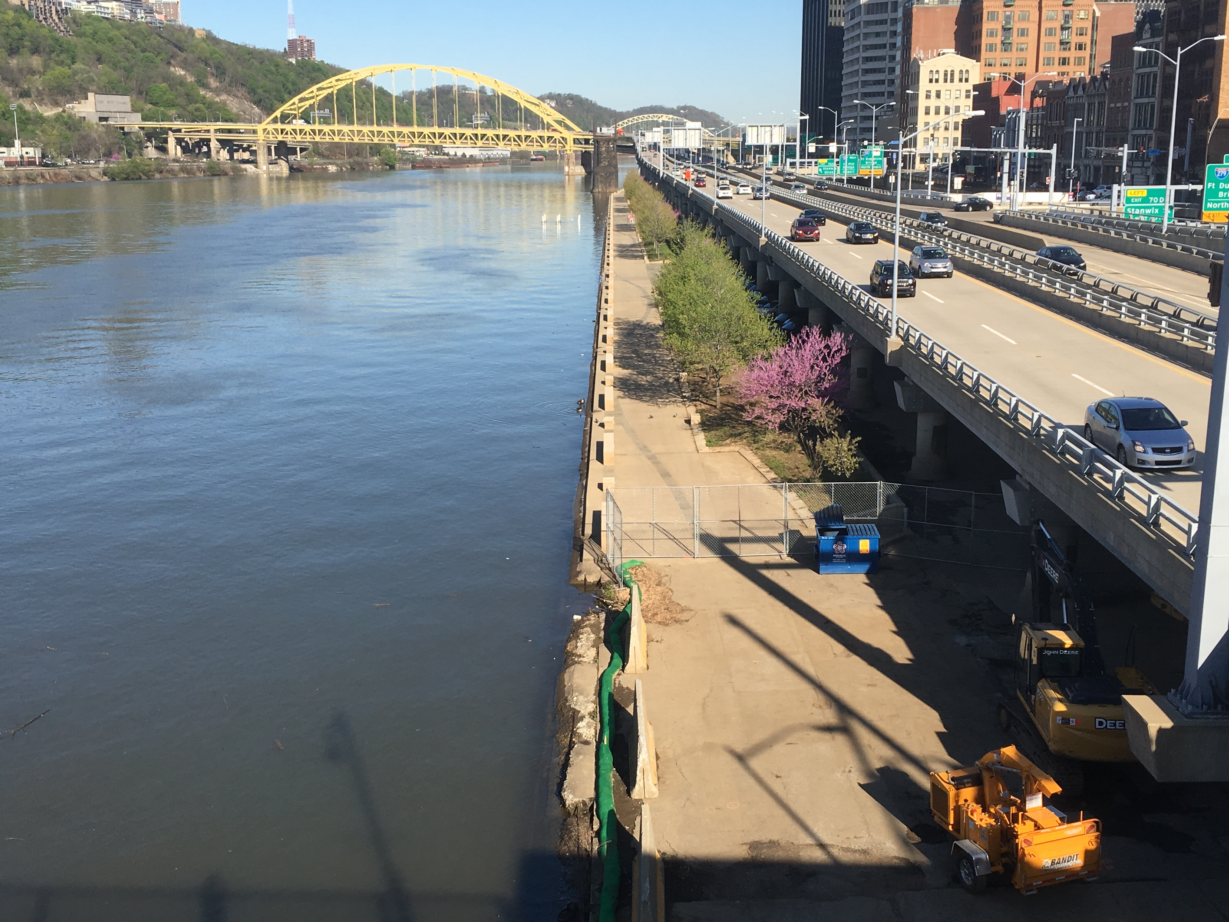 View of the Switchback construction site and Mon Wharf Landing from the Smithfield Street Bridge.