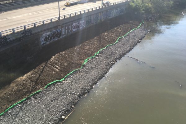 The site upriver of the Smithfield Street Bridge is prepared for switchback pier supports.