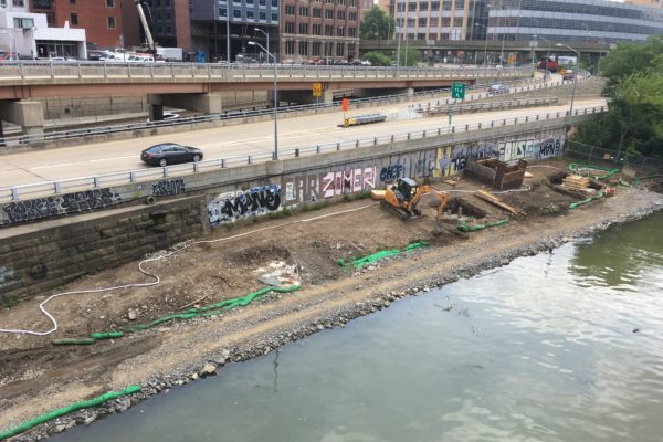 The contractor begins digging the foundations of the switchback pier supports. View is from the Smithfield Street bridge looking upriver.