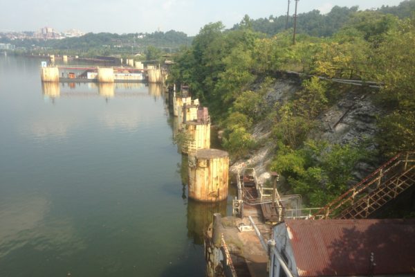 Industrial remnants of Almono's steel history line the northern bank of the Monongahela River in Hazelwood.