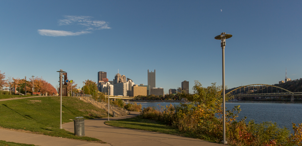 View of downtown Pittsburgh with North Shore riverbank in foreground