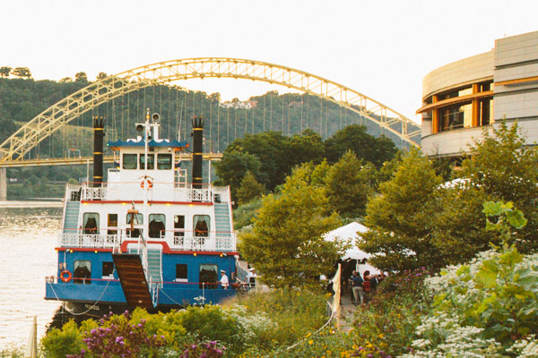 Gateway Clipper boat docked at casino amphitheater at sunset