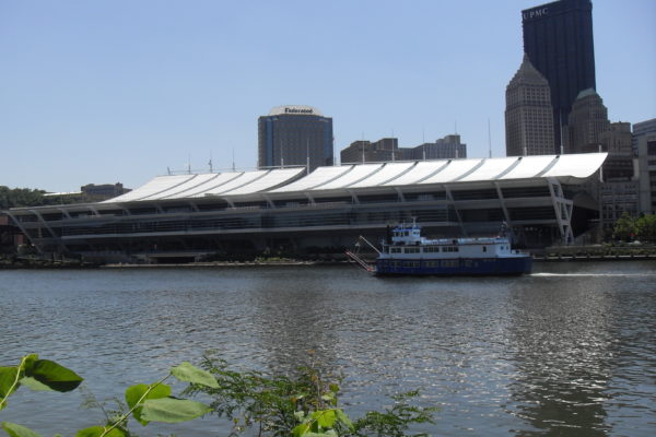View of the Convention Center from the North Shore with Gateway Clipper boat.
