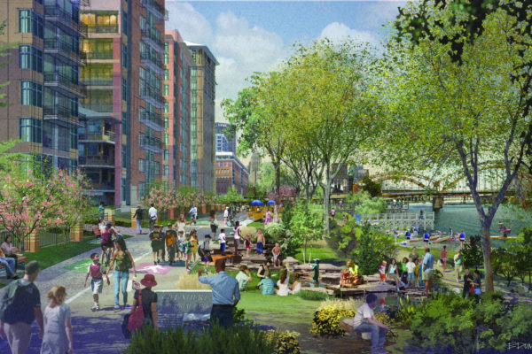The Green Boulevard plan makes recommendations for building setbacks from the riverfront to provide public open space and habitat restoration.