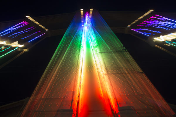 Closeup of Rachel Carson Bridge with rainbow colored lights
