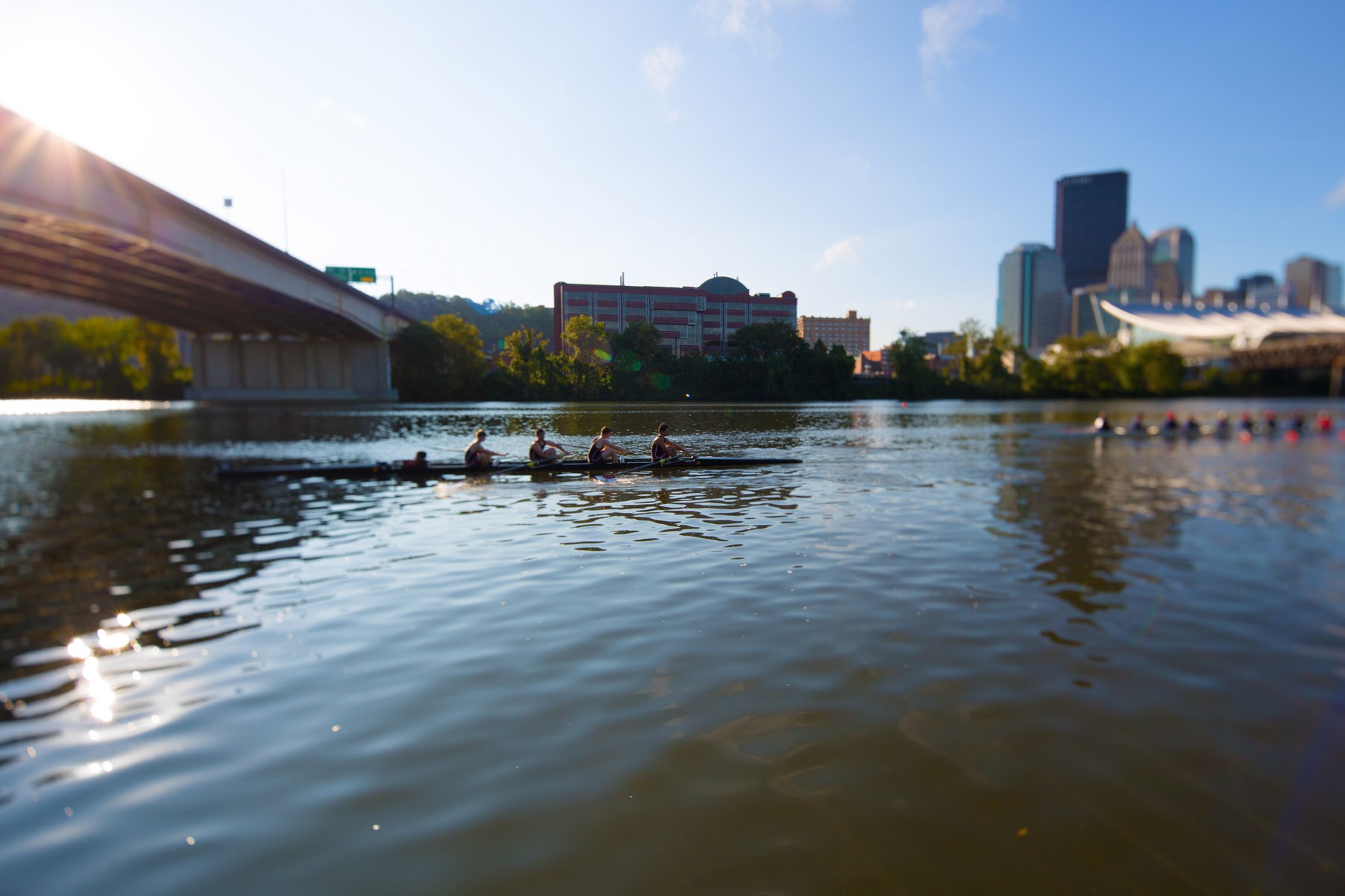 Rowers paddle by Pittsburgh's Convention Center on the Allegheny River.