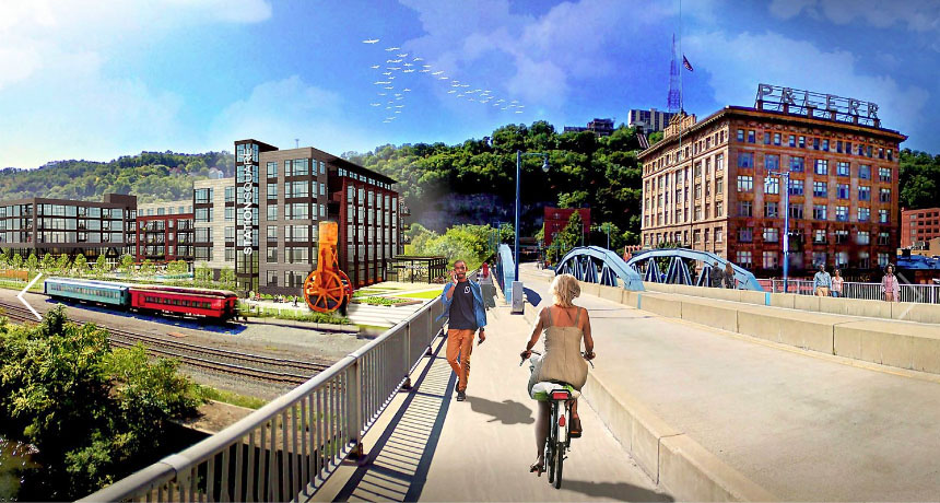 Station Square East illustration with woman on bike and man walking across bridge