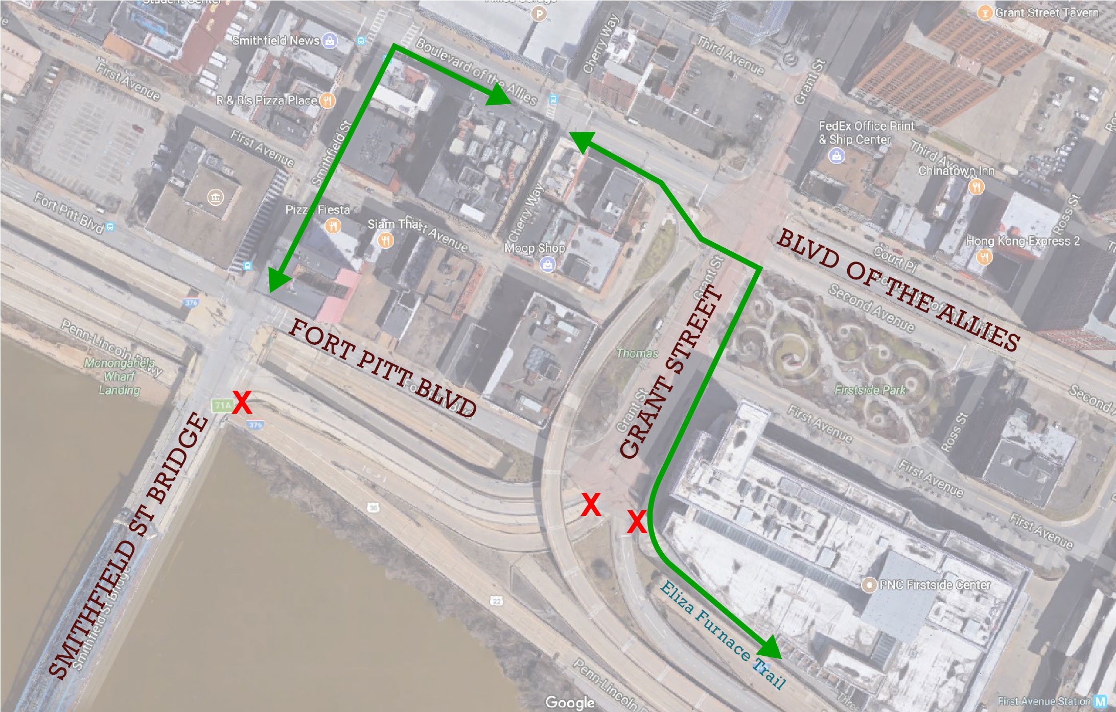 Map of trail detour at Grant Street and Fort Pitt Boulevard