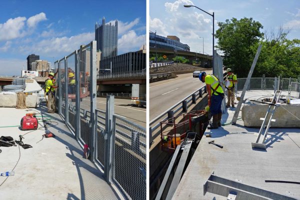 Contractors install railings and safety screens along the upper deck of the Mon Wharf Switchback.