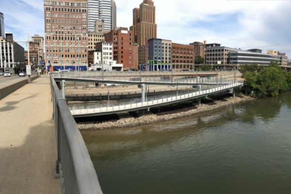Panoramic view of the upriver portion of the Mon Wharf Switchback, as viewed from the Smithfield Street Bridge.