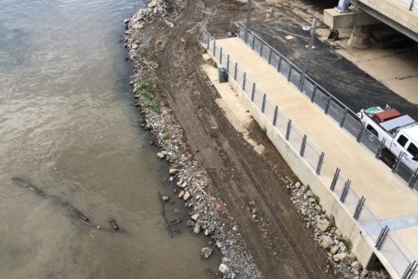 Paving and landscaping continue around the base of the ramp on the downriver side of the Smithfield Street Bridge. A new kayak launch is part of the improvements to this end of the Mon Wharf.