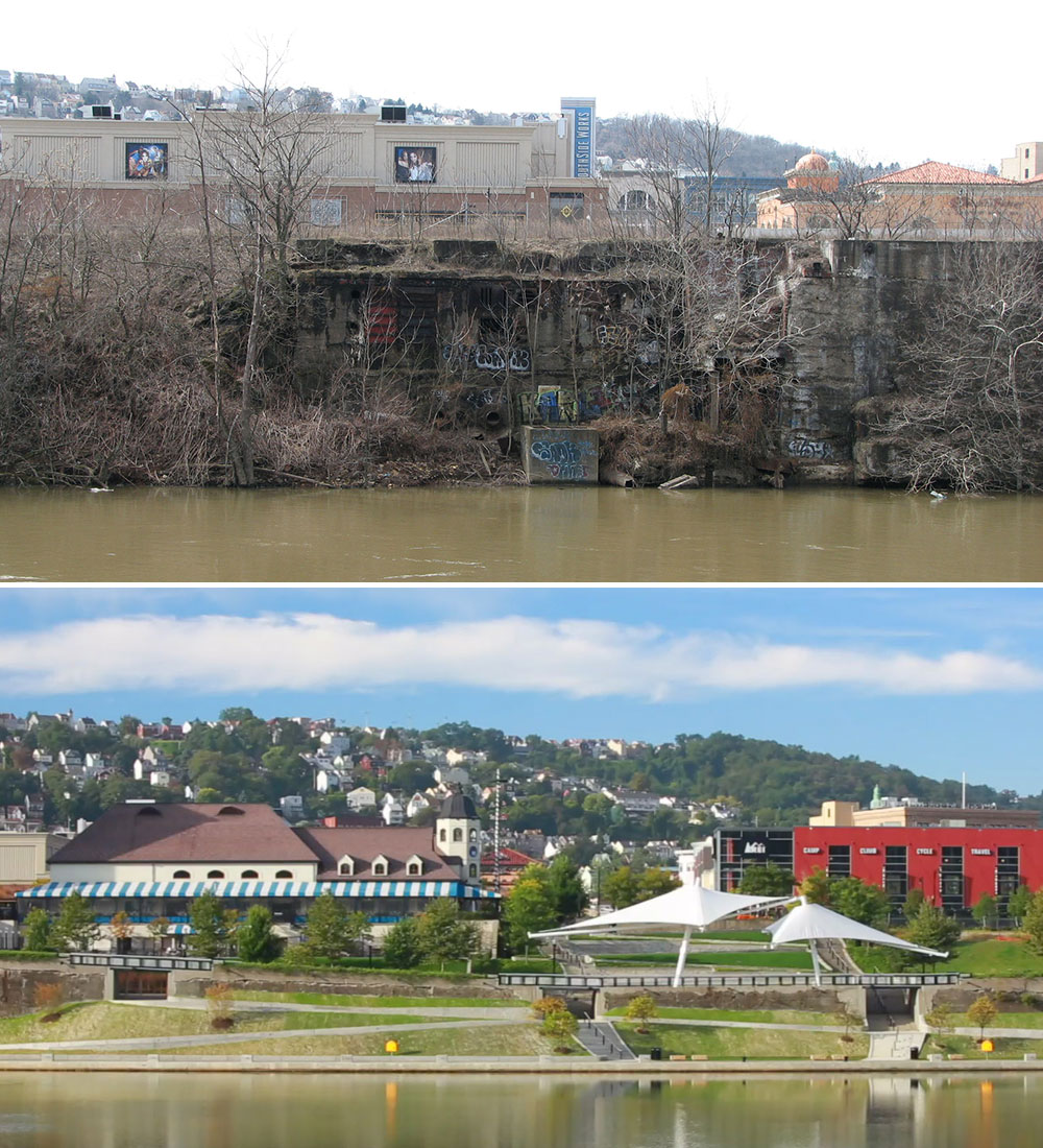 Top photo shows an industrial riverbank wall overgrown with weeds and covered in graffiti. Lower photo shows the same area after a riverfront park was constructed, with a series of paths leading to the water, green grass, a red retail building and beer hall building flanking an outdoor stage with two white awnings.