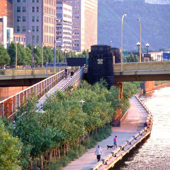 A paved walking path along the Allegheny River in Pittsburgh, with people strolling, lush greenery, and bridges crossing overhead, set against a backdrop of city buildings.