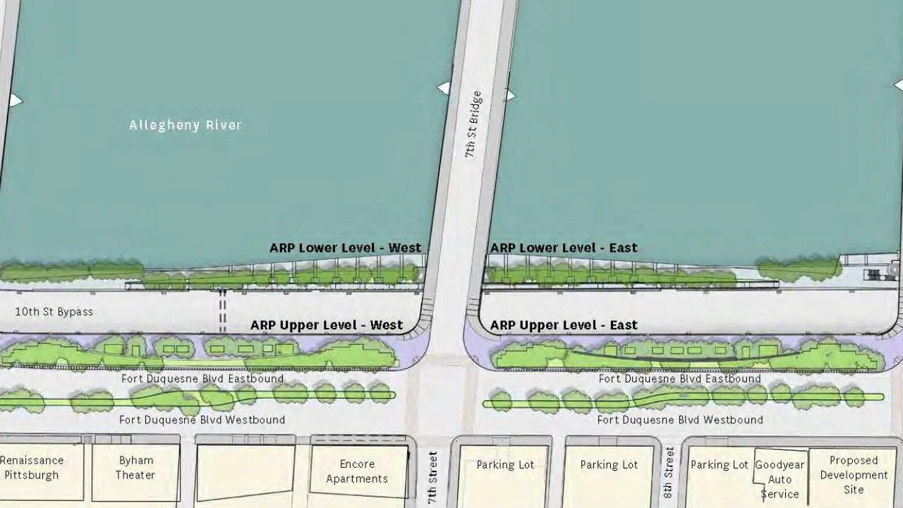 A detailed plan view map of the Allegheny Riverfront in Pittsburgh, labeled with street names, building names (Renaissance Pittsburgh, Byham Theater), park levels (ARP Lower/Upper), and the Allegheny River.