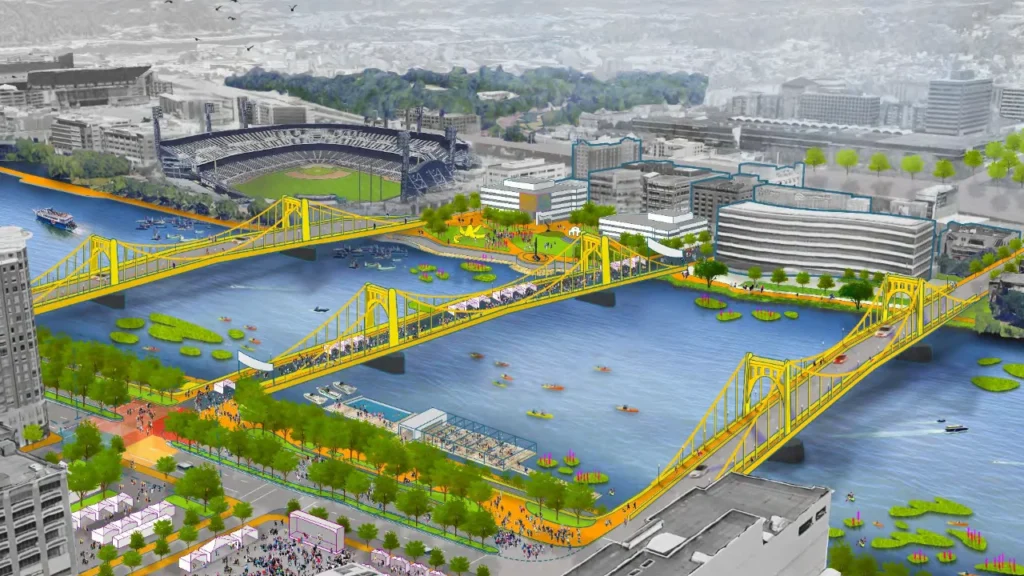 Aerial perspective rendering of Pittsburgh's Allegheny River, showcasing the Three Sisters Bridges, a revitalized Allegheny Landing with pedestrian activity, and potential Riverlife development along the riverbanks.